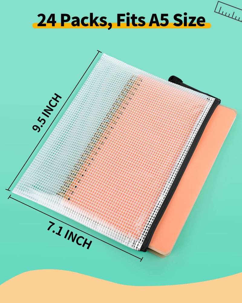 Smarpau A5 Mesh Zipper Pouch, 24 Pack 9.5 "" x 7.1 "" Plastic Zipper Pouches for Organizing, Multipurpose Waterproof Zipper Bags for Travel, Office, Home Storage, Black - Image 2